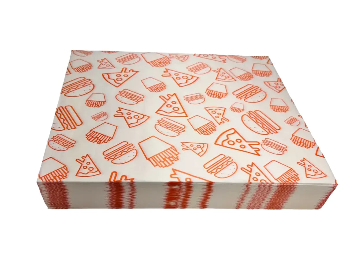 1000 piezas papel encerado pizza, papas, burger color naranja 20x30cm
