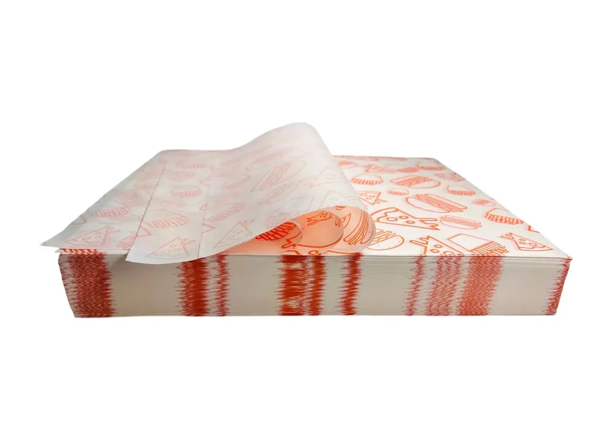 1000 piezas papel grado alimenticio impreso pizza, papas, burger color naranja 18x22cm 18gms