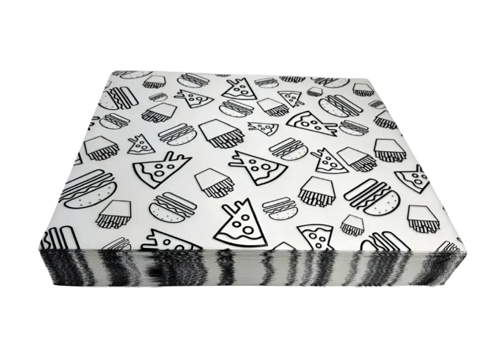 1000 piezas papel encerado pizza, papas, burger color negro 20x30cm