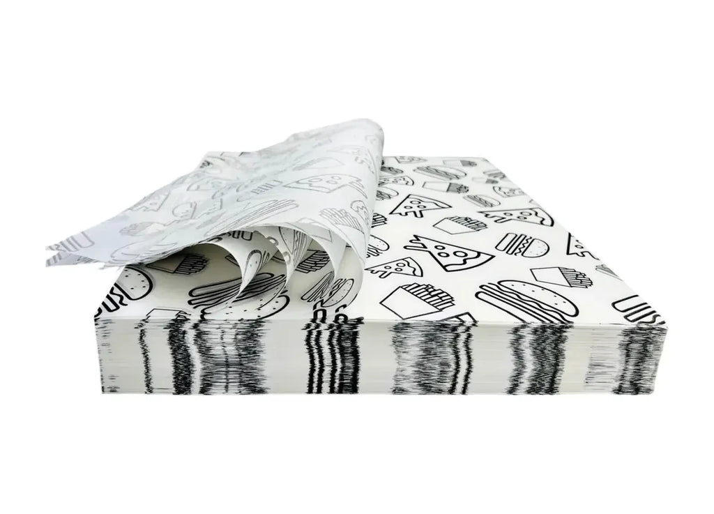 1000 piezas papel encerado pizza, papas, burger color negro 20x30cm