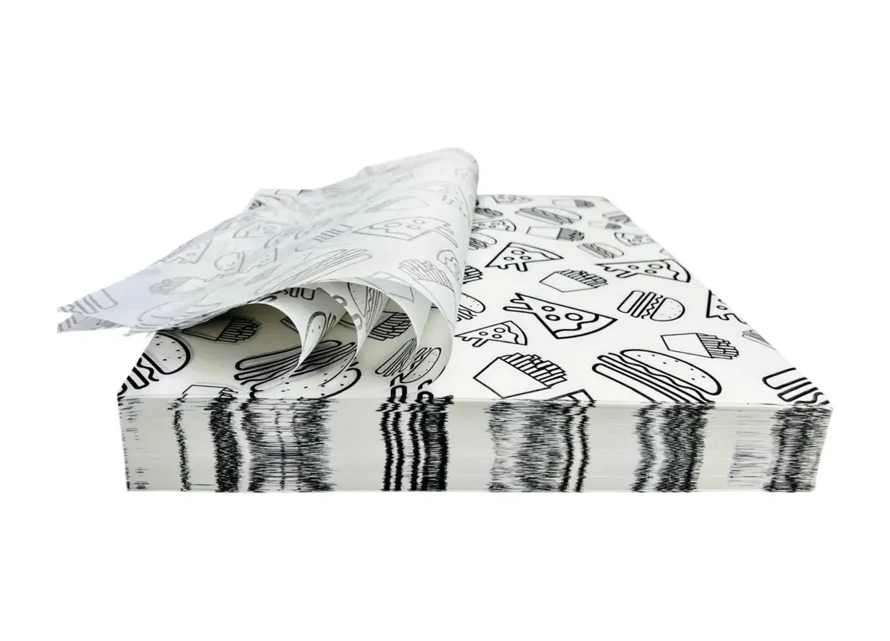 1000 piezas papel grado alimenticio impreso pizza, papas, burger color negro 24x34cm 35g
