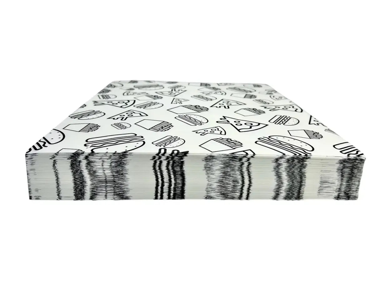 1000 piezas papel encerado pizza, papas, burger color negro 20x30cm