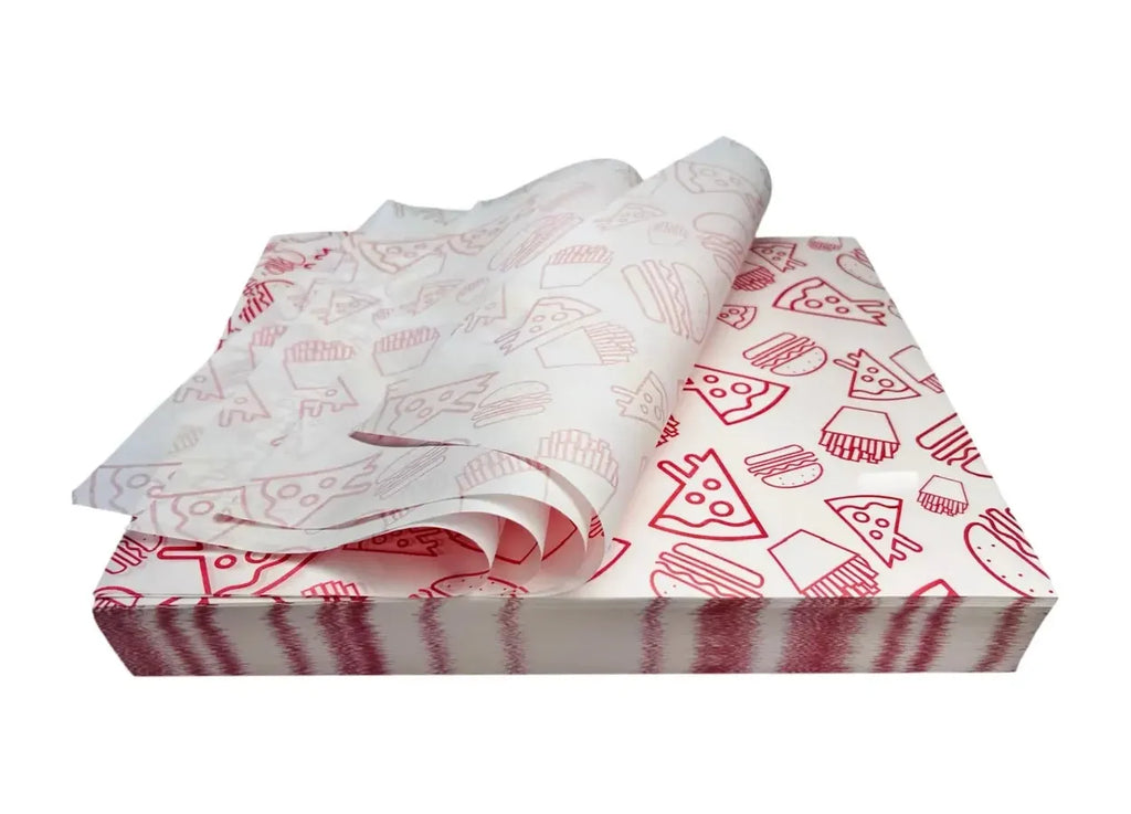 1000 piezas papel encerado pizza, papas, burger color rojo 20x30cm