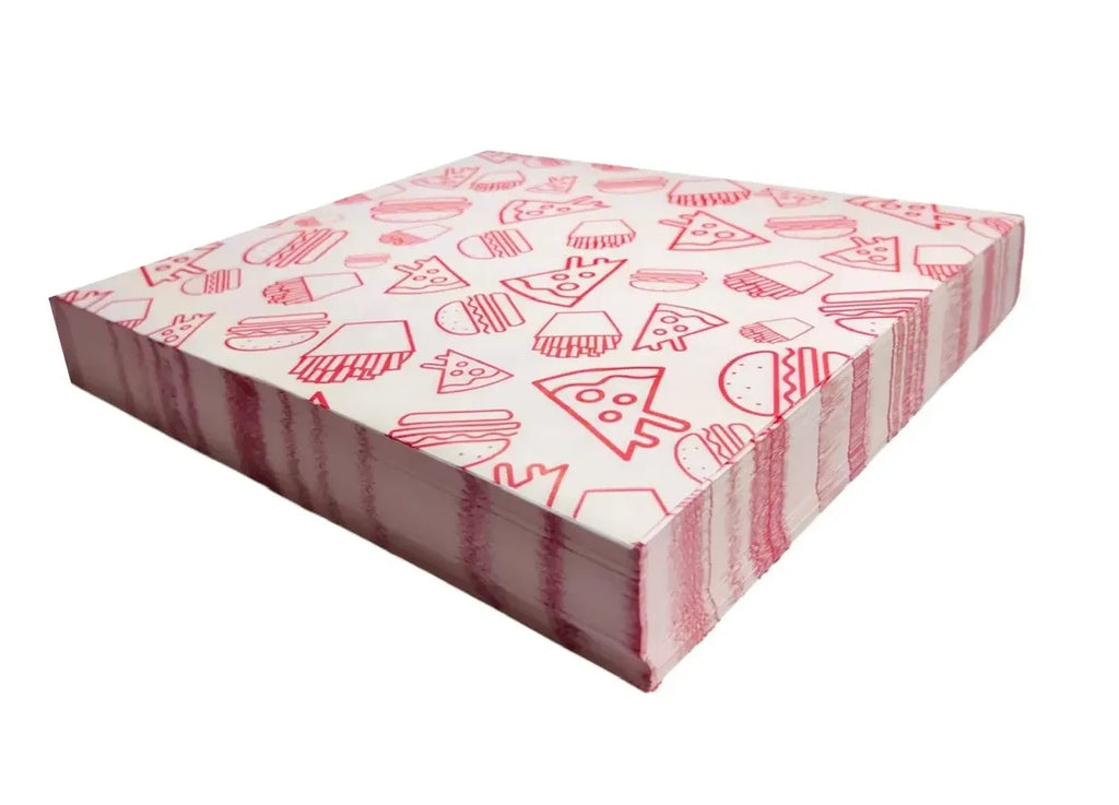 1000 piezas papel grado alimenticio impreso pizza, papas, burger color rojo 24x34cm 35g