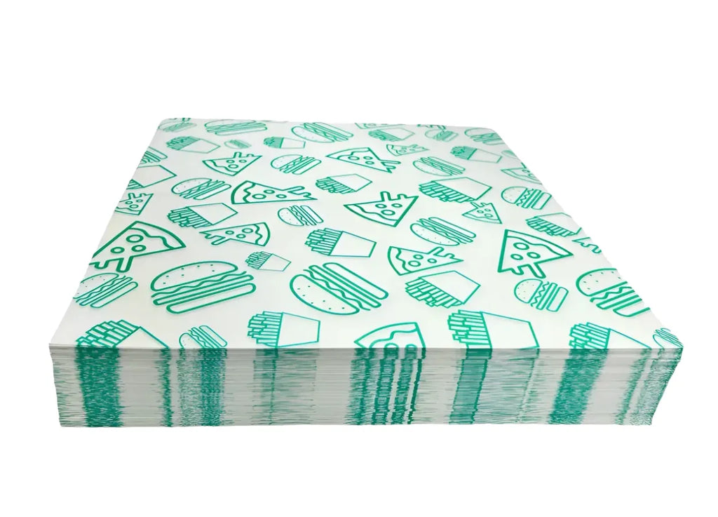 1000 piezas papel grado alimenticio impreso pizza, papas, burger color verde 18x22cm 18gms