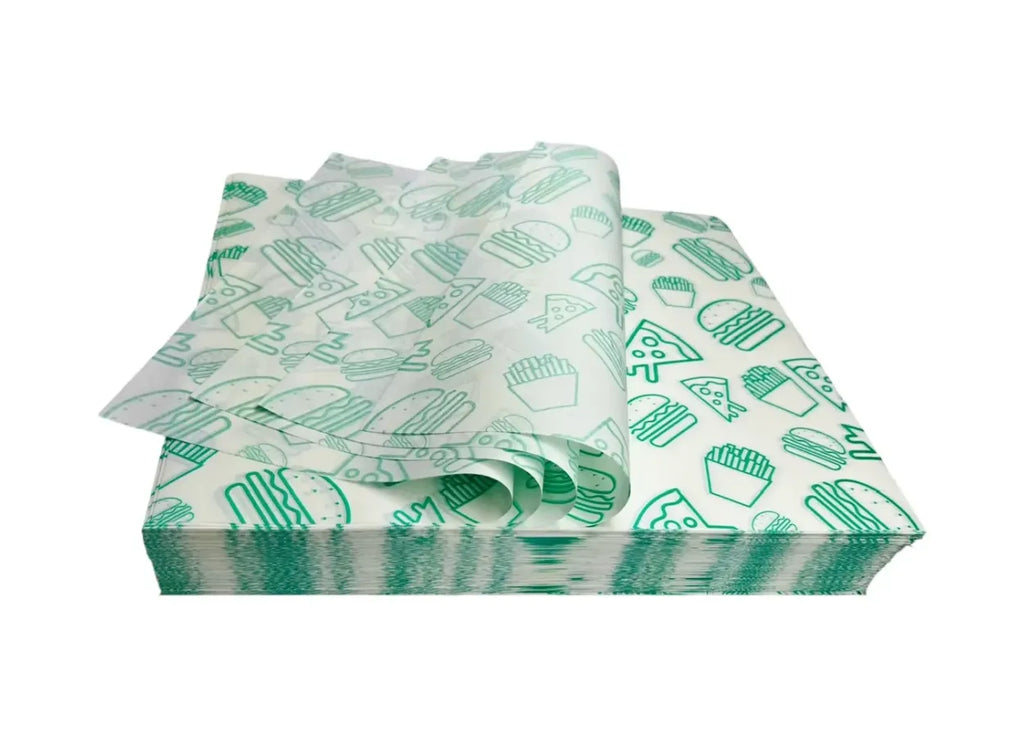 1000 piezas papel grado alimenticio impreso pizza, papas, burger color verde 18x22cm 18gms